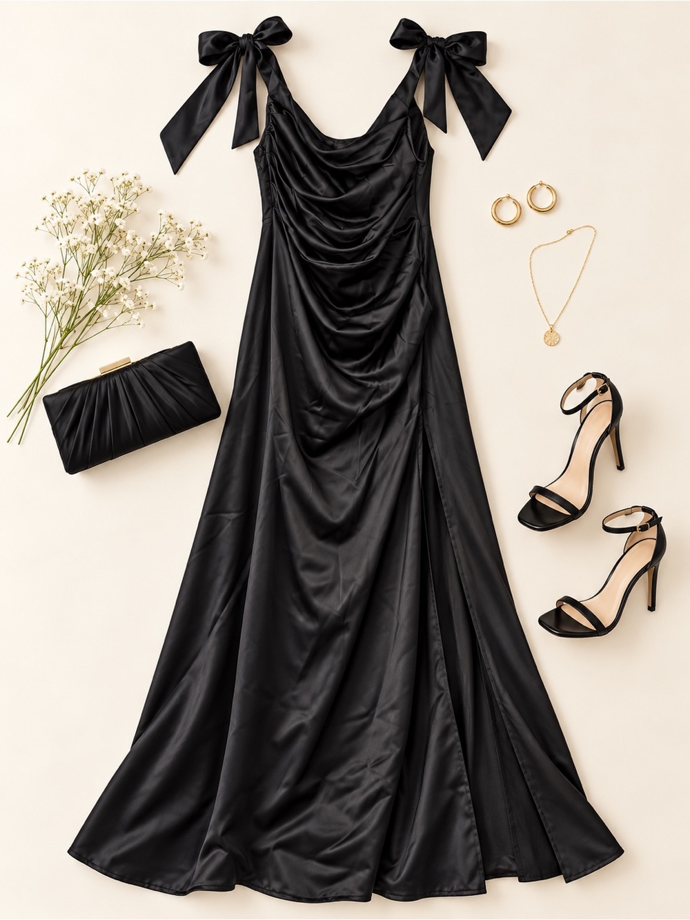 Cider Black Satin Ruched Maxi Dress 1XL Tie Shoulder Formal Evening Gown